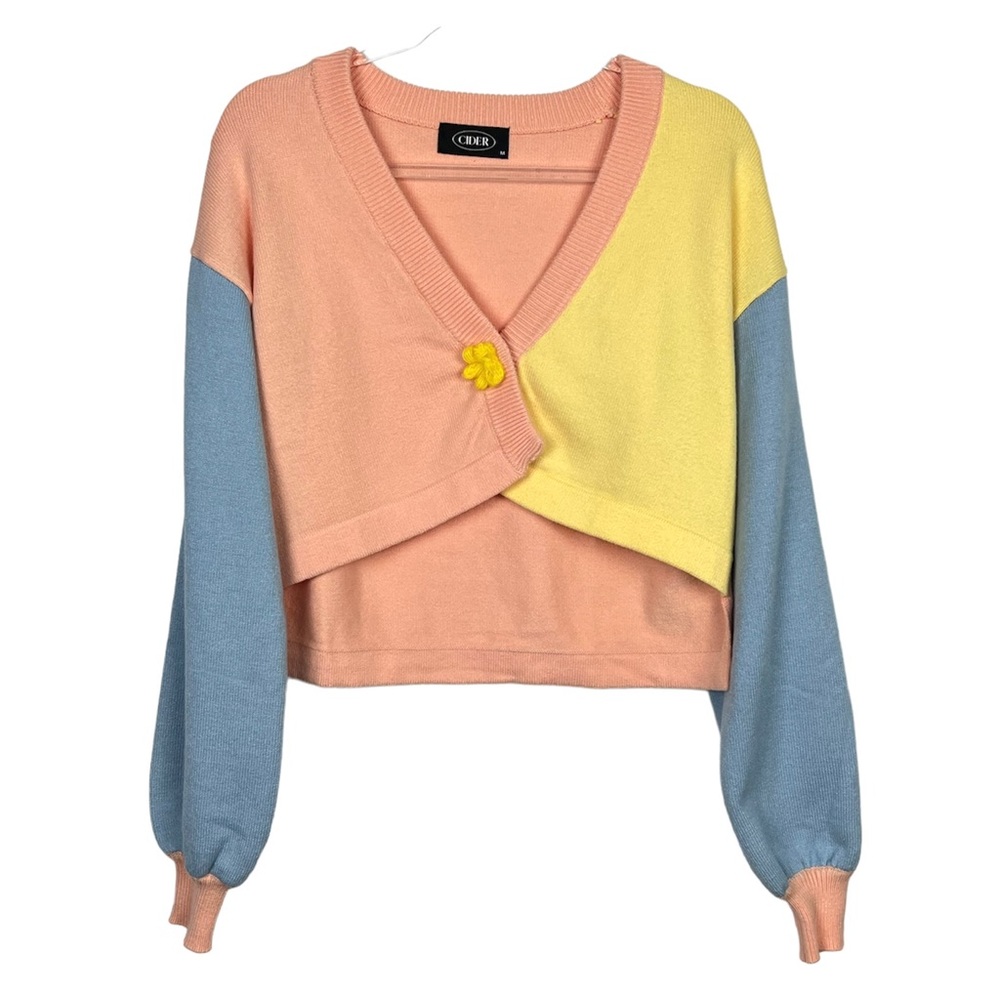 CIDER Color Block Cropped Balloon Sleeve Sweater